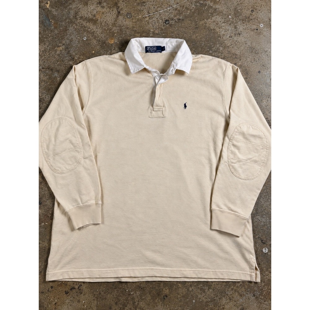 Polo Ralph Lauren Vintage Rugby Shirt Elbow Patches Cream Navy XL 27x31.5 Mens
